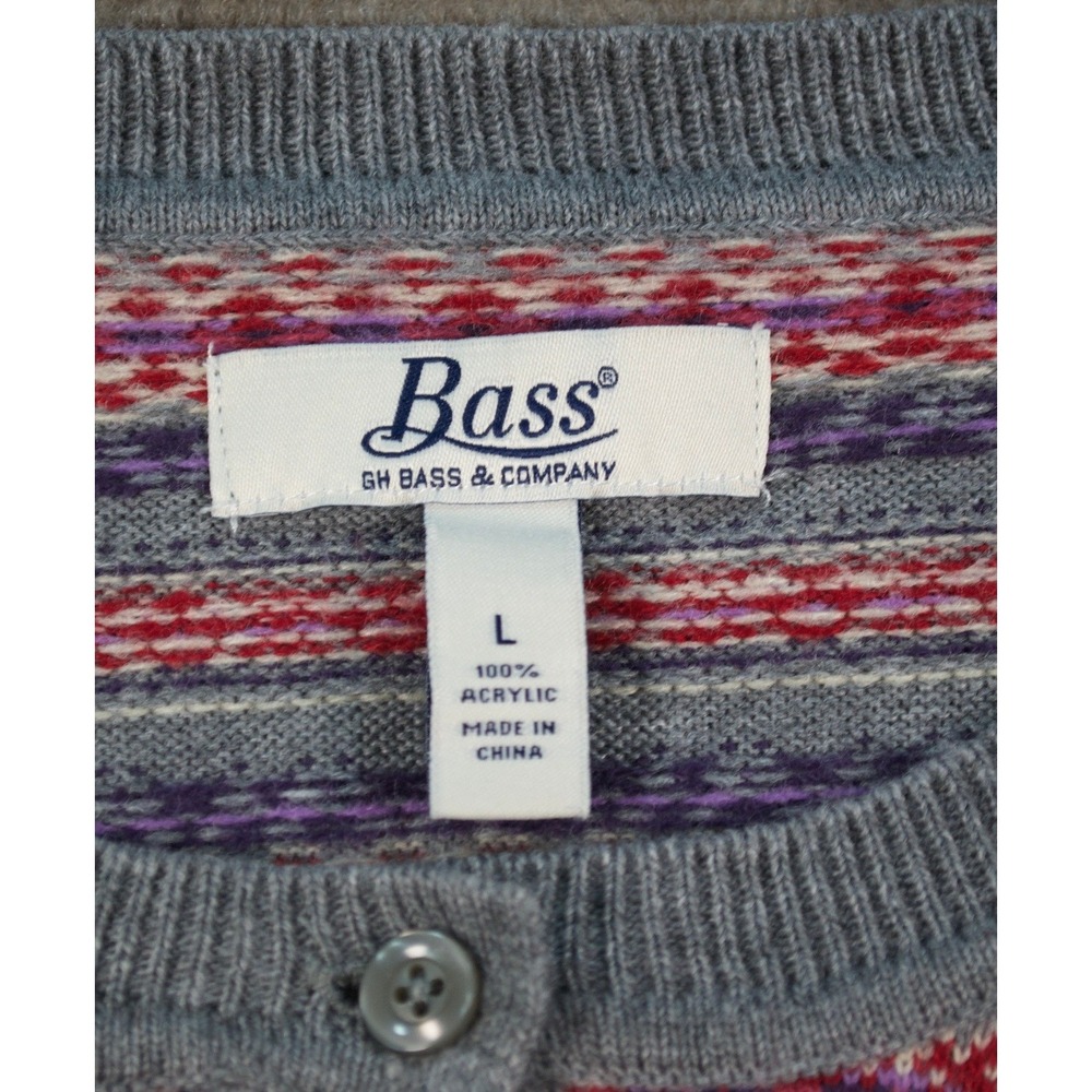 G.H. Bass Fair Isle Cardigan Sweater Gray Red Knit Button Front L Flawed - Picture 5 of 10